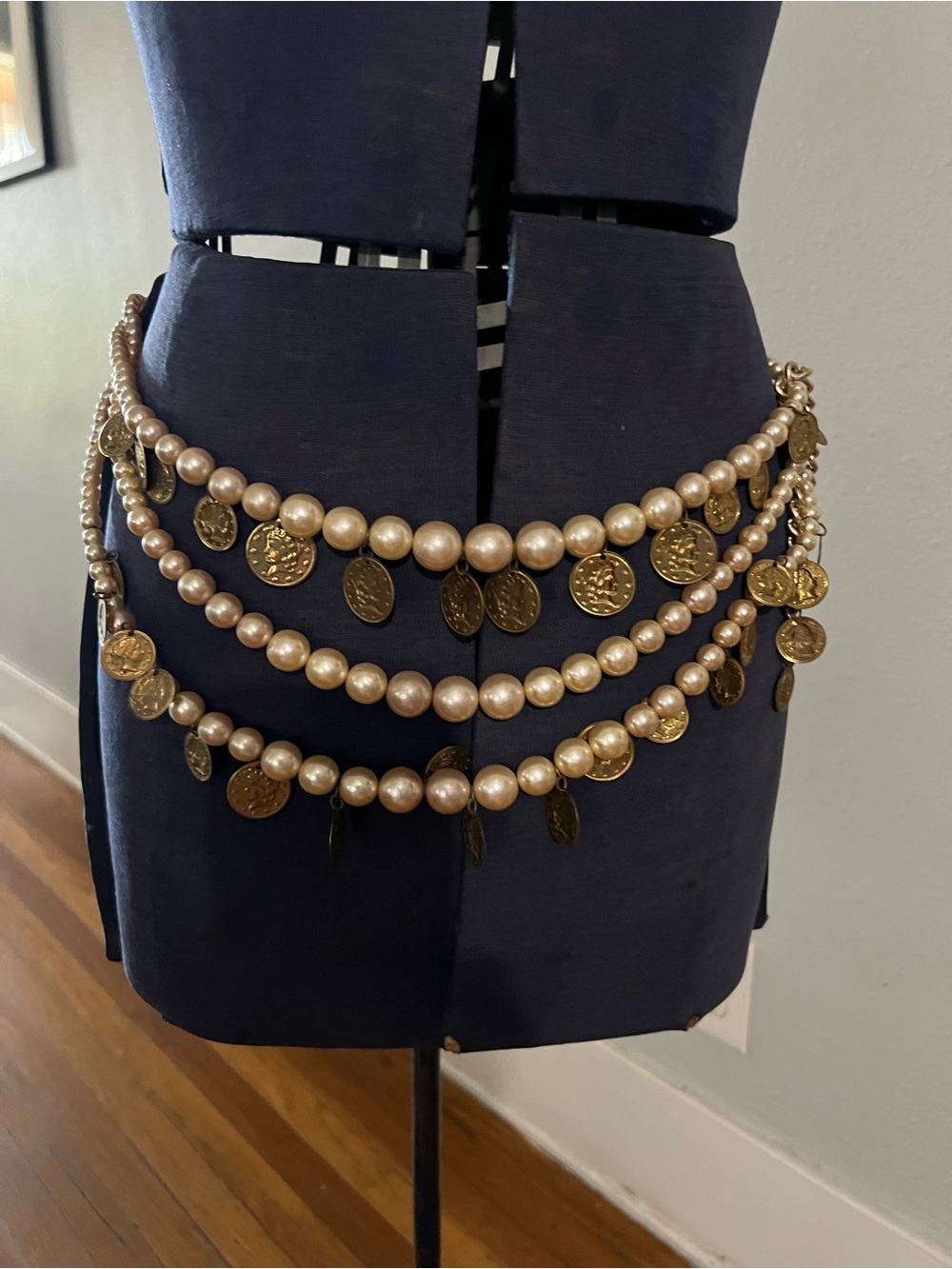Vintage multi-strand faux-pearl and gold-tone coin chain belt
